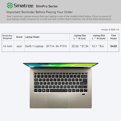 Smatree SlimPro Laptop Sleeve Case for 14 inch Acer Swift 1 Laptop - SF114-34-P7FH, Case with Swift-Access Accessory Pocket, Patented Super-Corner Design, Light Grey (S420LG)