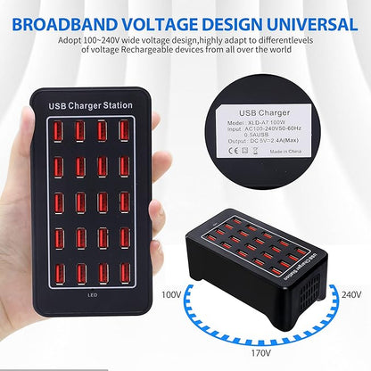 20-Port Desktop USB Charging Station - 100W Multi-Function Smart Charger for Smartphones, Tablets and More Devices