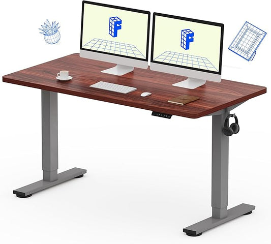 FLEXISPOT EN1 Whole Piece Standing Desk 55 x 28 Inches Stand Up Height Adjustable Desk for Workstation and Home Office (Silver Frame + Mahogany Top, 2 Packages)
