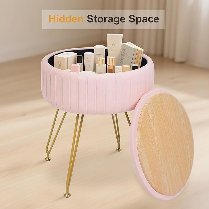 Round Vanity Stool with Storage Ottoman,Vanity Chair for Makeup Room with Removable Cover, Small Footrest Ottoman for Home, Living Room, Bedroom (Pink)