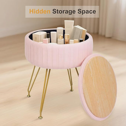 Round Vanity Stool with Storage Ottoman,Vanity Chair for Makeup Room with Removable Cover, Small Footrest Ottoman for Home, Living Room, Bedroom (Pink)