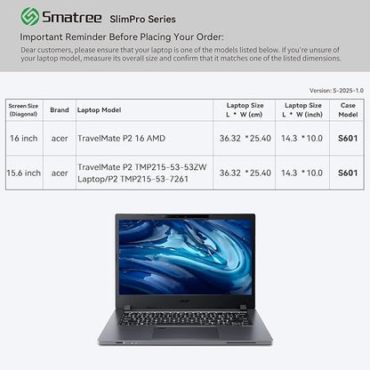 Smatree SlimPro Laptop Sleeve Case for 16 inch Acer TravelMate P2 16 AMD, for 15.6 inch TravelMate P2 TMP215-53-53ZW/7261, Case with Accessory Pocket, Patented Super-Corner Design, Light Grey (S601LG)