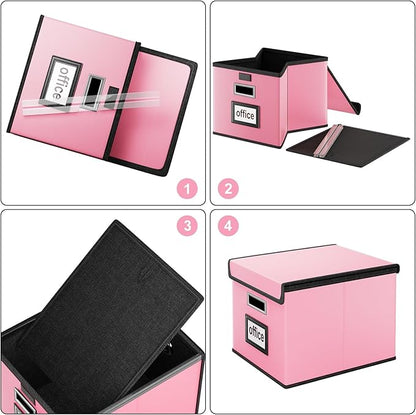 Huolewa Portable Leather File Organizer Storage Boxes, Collapsible File Folder Organizer Boxes with Lids, Document Organizer, Decorative Filing Box Cabinet for Letter/Legal File Folder Storage