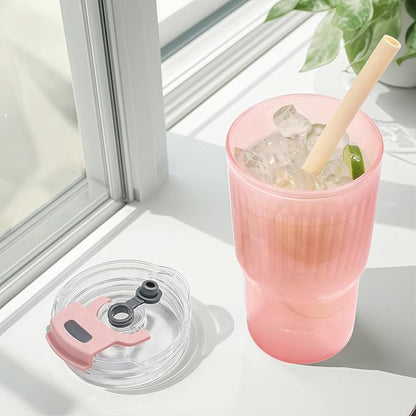 Iced Coffee Cups with Lids: Coffee Bar Accessories - Ribbed Glass Tumbler with Silicone Straw and Lid - 20oz Leak Proof Reusable Glass Cups and Tumblers with Lid and Silicone Straws(1Pcs-Pink)