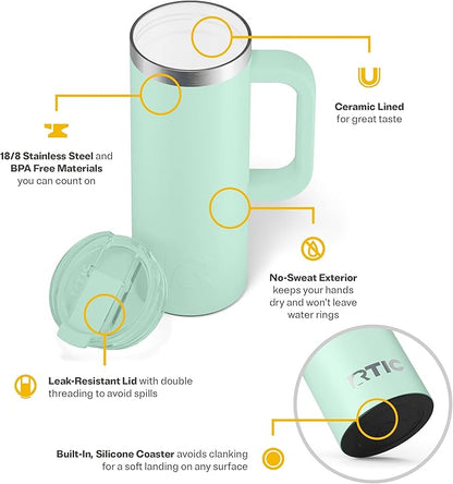 RTIC 20oz Road Trip Travel Mug with Lid and Handle, Ceramic Lined, Insulated, Stainless Steel, Metal, Double Wall Vacuum-Insulation, Portable Coffee, Tea Cup for Hot and Cold Drink, Fresh Mint