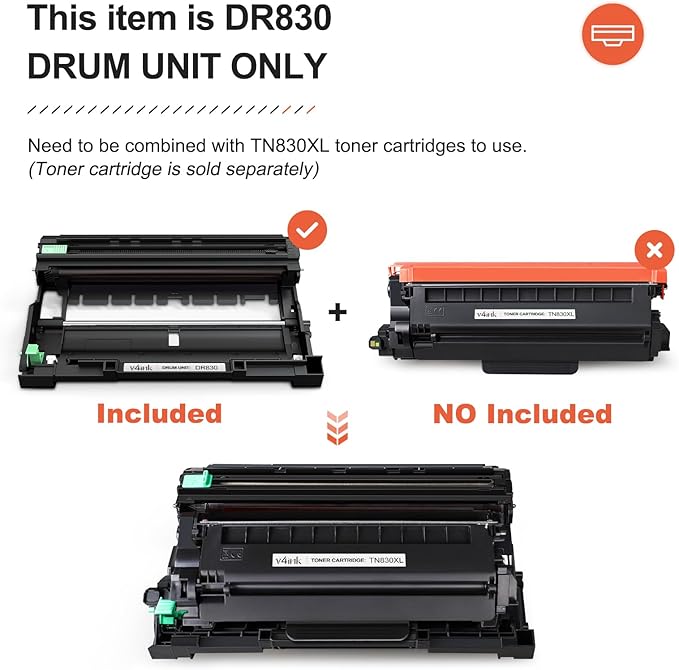 v4ink Compatible DR830 Drum Replacement for Brother DR830 DR-830 Drum Unit for Brother TN830 TN830XL DCP-L2640DW HL-L2400D HL-L2405W HL-L2460DW HL-L2480DW MFC-L2820DW MFC-L2900DW Printer - NOT Toner