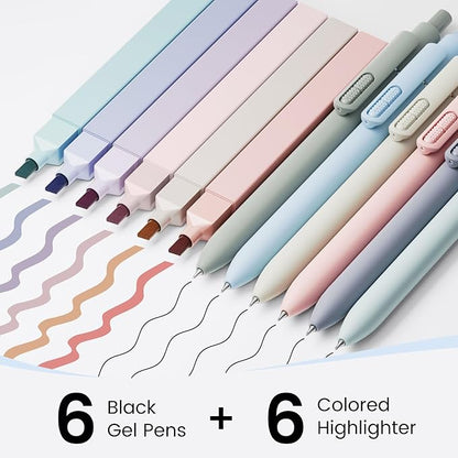 JIMMIDDA- 12 Pack Gel Pens, 0.7mm Black Ink Fine Point Smooth Writing with Aesthetic Highlighters, Quick-dry Long-lasting Pens Set for Journaling School Office Supplies(6 Pens + 6 Highlighters)