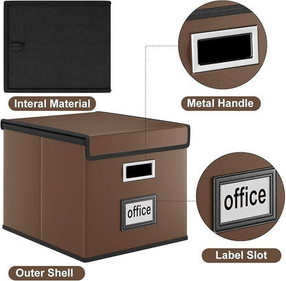 Huolewa Faux Leather File Organizer Box with Lid, Collapsible Hanging File Folder Box Organizer with Plastic Slides, Decorative Home/Office Filing Boxes for File and Folder Storage - Dark Brown