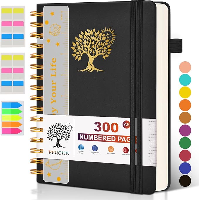 Spiral Notebook Journal for Women Men, 300 Numbered Lined Pages, College Ruled, A5 Hardcover Spiral Bound Notebook for School, Work, Note Taking Writing, Leather Spiral Journal Medium 5.9"x8.5"