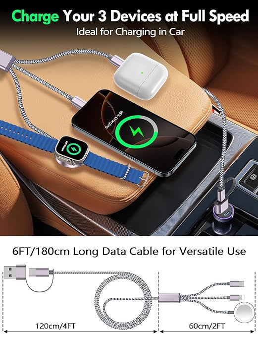2Pack Multi Charging Cable Cord for Travel Essentials,Apple Watch Charger,iPhone Charger,[3-in-2] Type C/Lightning Cable Portable Designed for iWatch,iPhone 17-8,Galaxy S25-21,AirPods,iPad-1.8M Gray