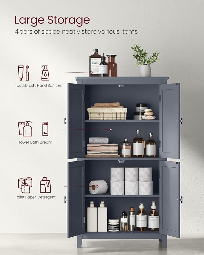VASAGLE Floor Storage Cabinet, Freestanding Storage Unit with 4 Doors, Adjustable Shelves, 11.8 x 23.6 x 43.3 Inches, for Entryway, Bathroom, Slate Gray UBBC552G01V