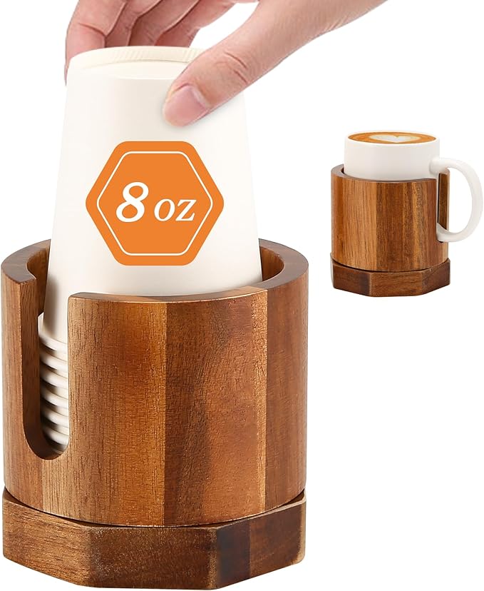 Nnewvante Cup Dispenser, 5-8oz Bathroom Cup Holder, Acacia Wood Coffee Cup Dispenser, Dual-Purpose Paper Cup Holder & Anti-spill Desk Cup Holder, Party Cup Organizer, Guest Bathroom Essentials