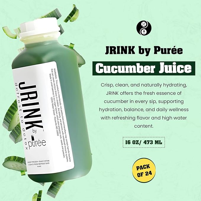 JRINK by Purée Organic Cucumber Juice, Cold Pressed Detox Drink, Healthy Cleanse with No Preservatives, Fresh Raw Juice in HDPE Bottles, Organic Fruit and Vegetable Cleanse Beverage, 16oz, Pack of 24