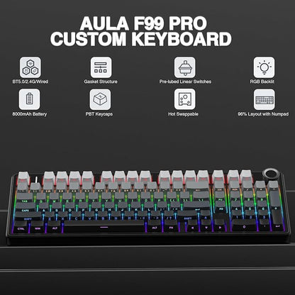 AULA F99 Pro Wireless Mechanical Keyboard with Knob,Gasket Structure,Tri-Mode BT5.0/USB-C/2.4GHz Hot Swappable Keyboard,Creamy Sound,RGB Backlit PBT Keycaps Computer Gaming Keyboards