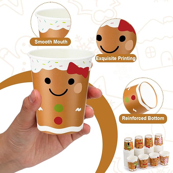 Funtery 100 Pieces Christmas Gingerbread Paper Cups Hot Chocolate Cups Xmas Disposable Coffee Cup Gingerbread Man Christmas Tree Candy Xmas 9 Ounce Drinking Tea Paper for Daily Use Holiday
