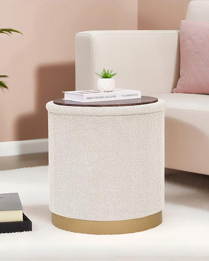 B FSOBEIIALEO Ottoman with Stroage, Round Boucle Storage Ottoman with Gold Plating Base,Foot Rest Stool for Dorm Room, Living Room White, 16.73"x16.73"x17.72"