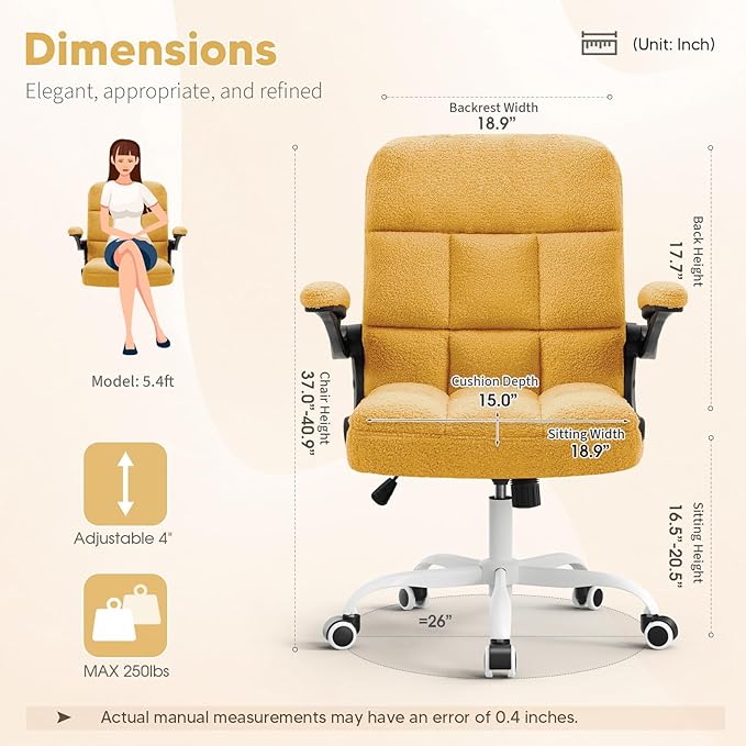 Office Chair with Wheels, Ergonomic Home Office Desk Chair with Flip-up Armrest, Adjustable Rolling Computer Chair Teddy Fleece – Gold
