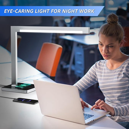 Aluminum LED Desk Lamp with Charging Station, 15W Smart Table Lamp with Type-C Ports & 4 Color Temperature Modes(3000K-6000K), Dimmable Reading Light for Home Office,Bedroom (Includes Adapter)