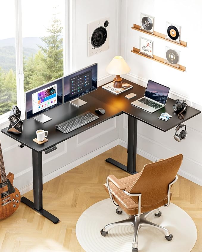 HUANUO 63" x 40" L-Shaped Electric Standing Desk Dual Motor, Corner Electric Height Adjustable Computer Desk with Cable Tray & 3 Preset Heights, Raising Desk for Home Office, Black,