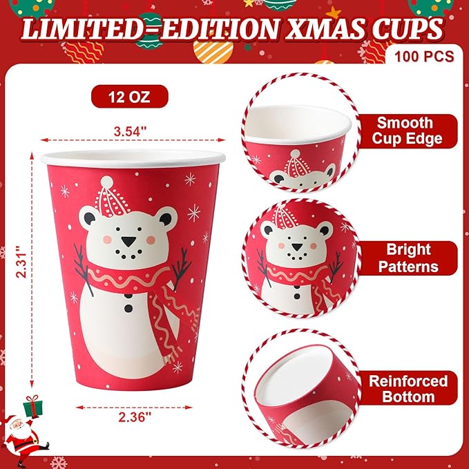 100 Pack 12 oz Christmas Coffee Cups, Holiday Disposable Paper Cups with 4 Xmas Designs for Hot Cocoa, Hot Chocolate, Cold Beverage