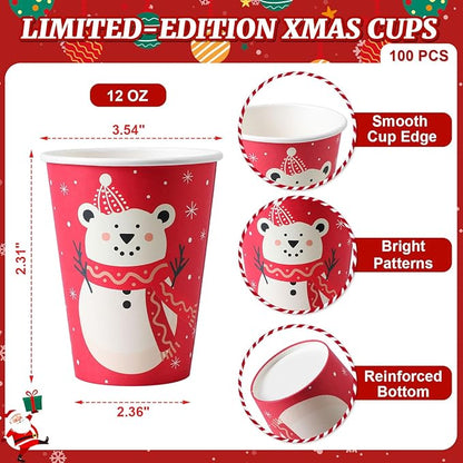 100 Pack 12 oz Christmas Coffee Cups, Holiday Disposable Paper Cups with 4 Xmas Designs for Hot Cocoa, Hot Chocolate, Cold Beverage