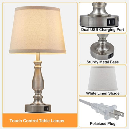 Lamps for Bedrooms Set of 2, Brushed Nickel Bedside Lamps with USB C+A Ports, 3 Way Dimmable Nightstand Lamps with Fabric Lampshade, Touch Table Lamp for Living Room Bedroom Office, Bulbs Included
