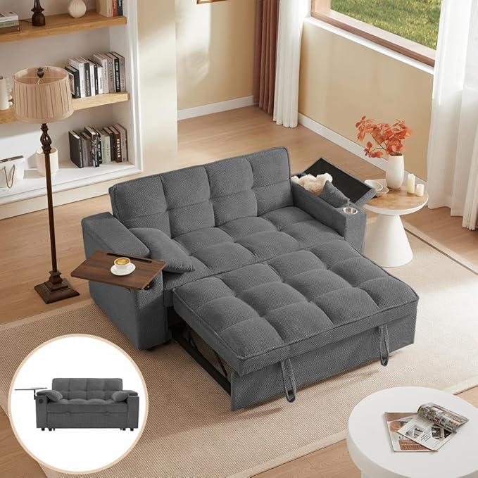 65'' Convertible Sleeper Sofa Bed with Adjustable Backrest, Chaise Lounge, Side Table & USB/Type-C Ports – Stylish & Functional Addition to Any Living Room (Dark Grey Sofa Bed)