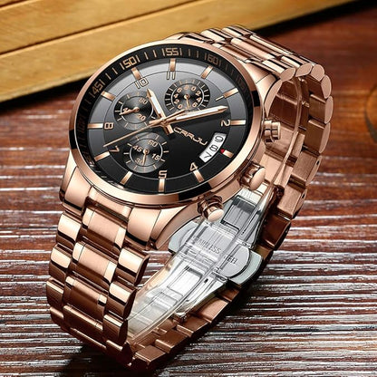 CRRJU Men's Fashion Stainless Steel Watches Date Waterproof Chronograph Wristwatches,Black Steel Band Waterproof Quartz Watch for Men