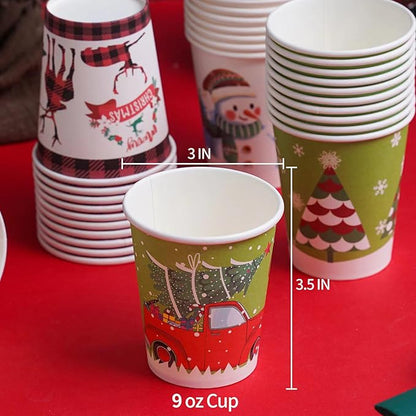 Christmas Cups - 9 oz Disposable Paper Coffee/Tea Cups, 10 Holiday Designs, 50 Pack Party Supplies for Hot and Cold Drinks