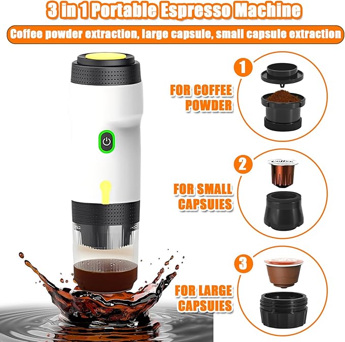 Portable Espresso Machine, 3-in-1 Self-Heating Portable Coffee Maker for Travel with Rechargeable Battery, Cordless Electric Mini Espresso Maker for RV Hiking Camping Office (White) (White)