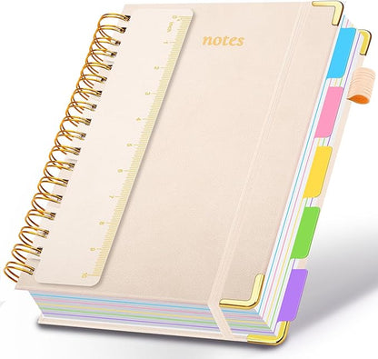 Hardcover Spiral Notebook 8.5"x11" Journal Notebook with Tabs and Removable Dividers 300 Pages 5 Subject Notebook College Ruled, Faux Leather Spiral Bound Notebook for Women School Work(White)