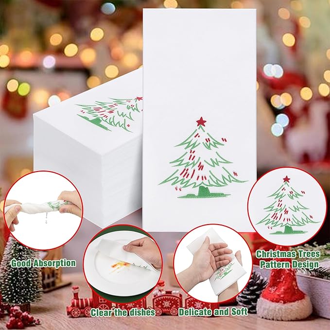 Supernal 100pcs Christmas Napkins Disposable - Christmas Tree Paper Napkins - Linen Like Holiday Napkins - Party Dinner Napkins Disposable Guest Towels for Bathroom Kitchen Christmas Party Decor