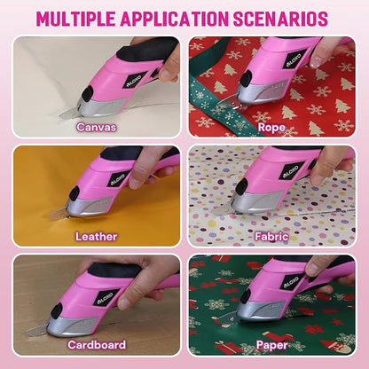 VLOXO Cordless Electric Scissors Cardboard Cutter with 2 Type Blades Rechargeable Powerful Shears Cutting Tool for Fabric Electric Box Cutter Leather Felt with Charger & Storage Box-Pink