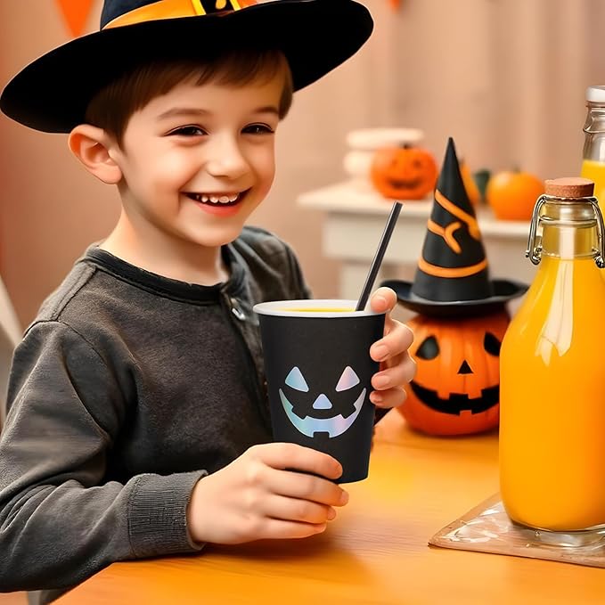 Halloween Disposable Paper Party Cups, Bulk 50 Pack, Leak-Resistant, 12 oz Hot and Cold Cups for Restaurants and Parties, Jack-O-Lantern, Black & Silver