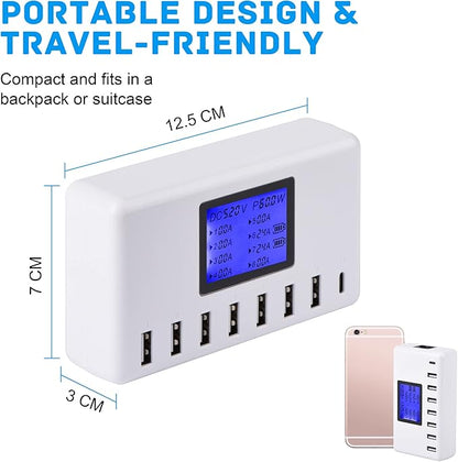 60W 12A 8-Port USB Charging Station - Multi Port USB Hub Charger with LCD Display - Compatible with iPhone, iPad, Samsung, Kindle, Tablet, Bluetooth Earbuds and More