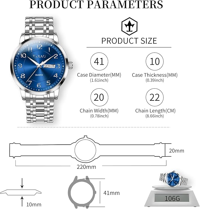 Stainless Steel Mens Watches with Day Date Quartz Analog Large Face Classic Watch Arabic Numerals Dress Luminous Rlojes para Hombres