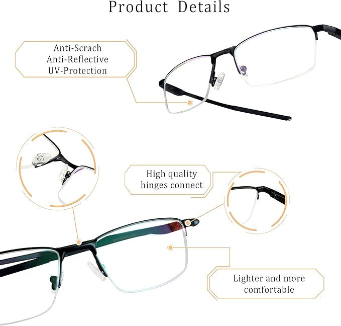 LifeArt Blue Light Blocking Glasses, Anti Eyestrain, Computer Reading Glasses, Gaming Glasses, TV Glasses for Women Men, Stylish Unisex Alloy Square Frame (Black, +1.25 Magnification)