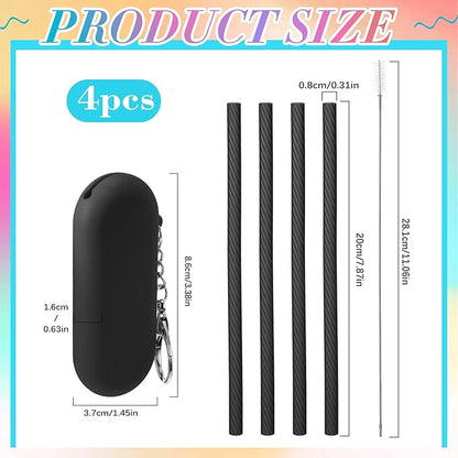 Meanplan 4 Sets Cruise Ship Essentials,4 Set Silicone Straws with Case Reusable Silicone Portable Drinking Straw Set for Party Travel Cold or Hot with 4 Carry Case, 4 Cleaning Brushes (Black)