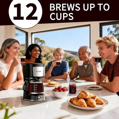 12-Cup Drip Coffee Maker with Reusable Filter,Programmable Clock,Auto Brew,Water Window,Keep Hot Plate,Glass Carafe,Compact Design for Kitchen,Office,Silver and Black