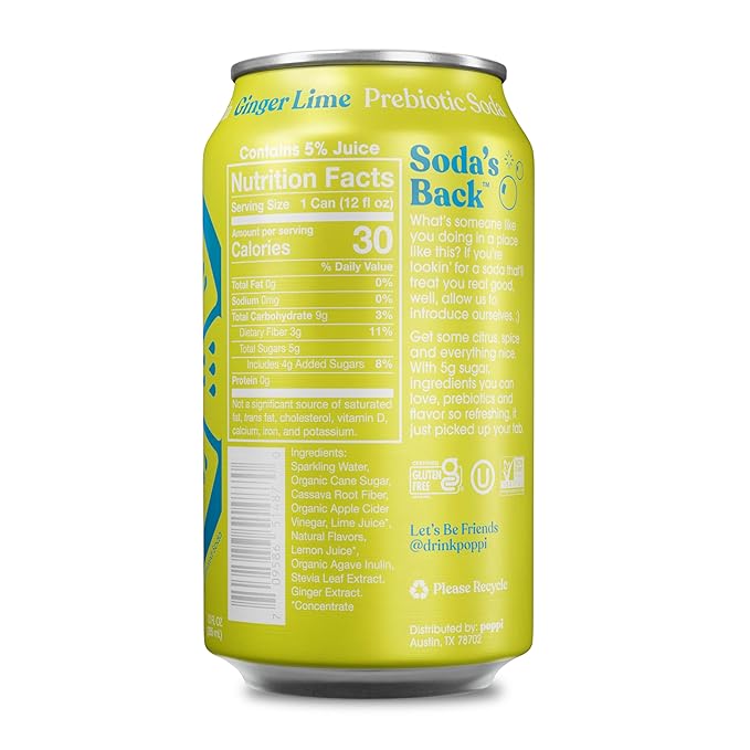 Poppi Sparkling Prebiotic Soda Beverage with Apple Cider Vinegar, Seltzer Water and Fruit Juice, Ginger Lime Flavor, 12 FL Oz, Pack of 12, Packaging May Vary