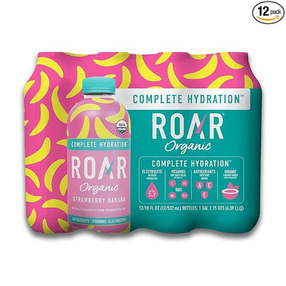Roar Complete Hydration Organic - Electrolyte Drinks Loaded with Vitamins C, B5, B12 - Non-GMO, Gluten-Free - Strawberry Banana - 12 pc