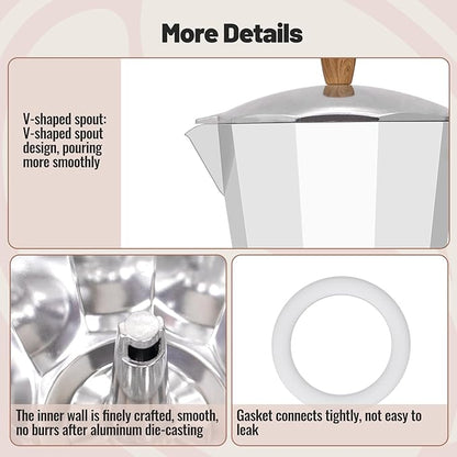 6 Cup Aluminum Moka Pot Classic Stovetop Espresso Coffee Maker 300ml 10oz Coffeemaker Percolator Mocha Express Preferred Cafe Makers for Italian and Cuban Café Brewing White