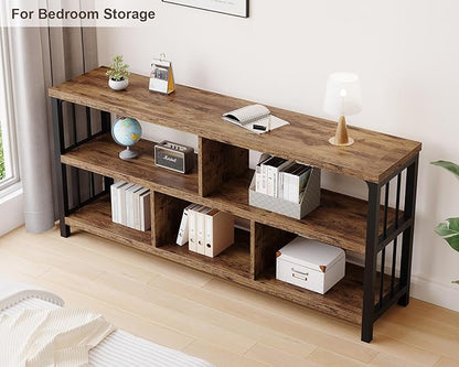 IBF Bookshelf, Farmhouse 63” Long Open Book Shelf, Wood Metal 5 Cube Bookcase for Living Room, Low Horizontal Bookshelf for Bedroom, Wide Cubby Storage Organizer for Home Office, Rustic Brown, 63 Inch