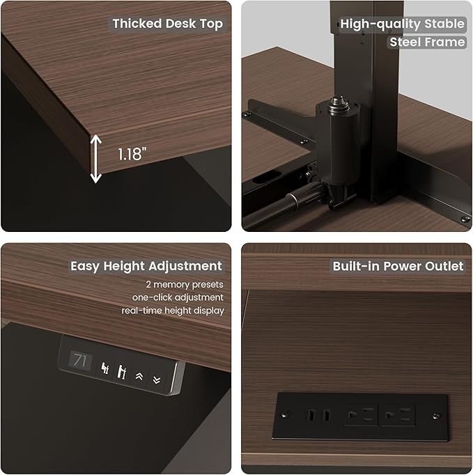 71" Standing Desk with 2 File Cabinet, AC/USB, 1.18" Desktop, L Shaped Height Adjustable Desk, Electric Furniture Set with Multiple Functions for Home and Office, Black Walnut