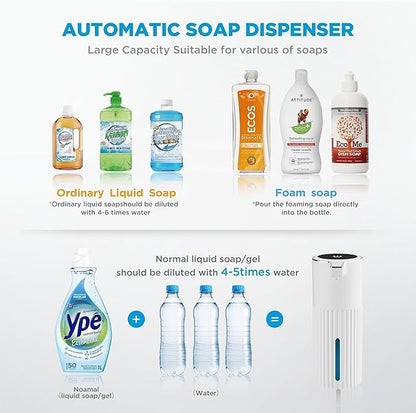 Automatic Soap Dispenser Foaming Touchless:14.2oz White Plastic - Rechargeable Electric Smart 4 Level Adjustable Auto Hand Soap Dispenser - Dish Bathroom Kitchen