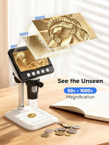Coin Microscope for Error Coins, 4.3 inches 1080P LCD Digital Microscope, 50x-1000x Magnifier with 8 Adjustable LED Lights, PC View, Compatible with MacOS Windows for Adults Kids
