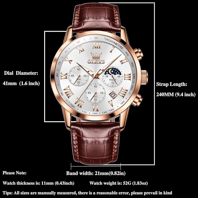 OLEVS Men's Leather Analog Quartz Watch - Luxury Chronograph Wristwatch With Date, Waterproof, Luminous - Dress Style