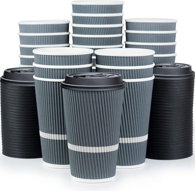 Disposable Coffee Cups With Lids - 16 oz To Go Coffee Cup (70 Pack). Large Travel Cups Hold Shape With Hot and Cold Drinks, No Leaks! Insulated Ripple Cups Protect Hands, No Sleeves needed!