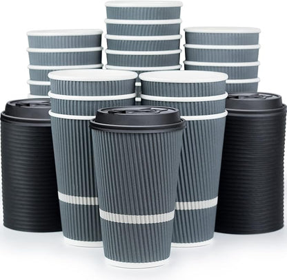 Disposable Coffee Cups With Lids - 16 oz To Go Coffee Cup (70 Pack). Large Travel Cups Hold Shape With Hot and Cold Drinks, No Leaks! Insulated Ripple Cups Protect Hands, No Sleeves needed!