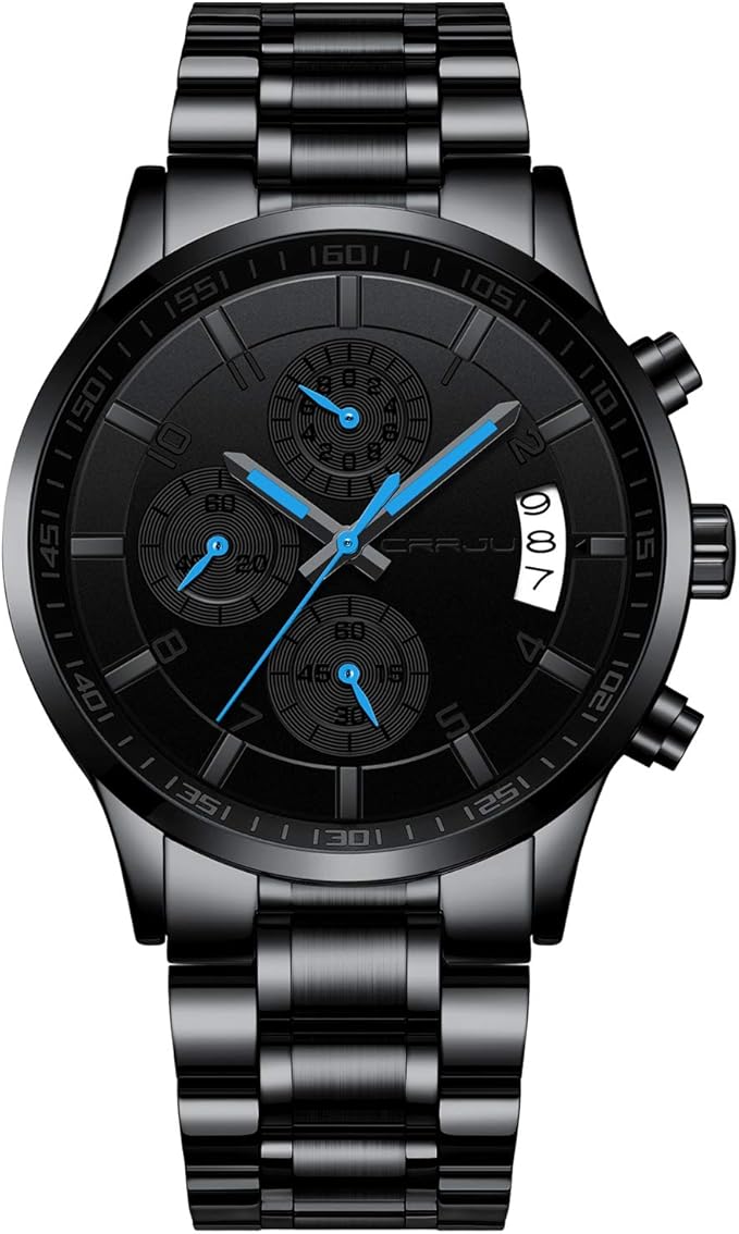 CRRJU Men's Fashion Stainless Steel Watches Date Waterproof Chronograph Wristwatches,Black Steel Band Waterproof Quartz Watch for Men